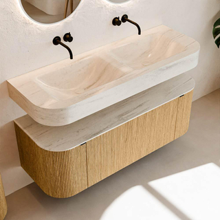 MONDIAZ THOR-DLUX 130cm meuble de salle de bains arrondi gauche + droite couleur Chêne avec 1 tiroir et 2 portes. Vasque suspendue CLOUD Double sans trou de robinet couleur Meli.