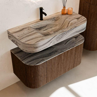 MONDIAZ THOR-DLUX 100cm meuble de salle de bains arrondi gauche + droite couleur Walnut avec 1 tiroir et 2 portes. Vasque suspendue CLOUD Milieu 1 trou de robinet couleur Sombra.