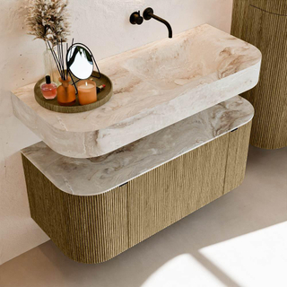 MONDIAZ THOR-DLUX 110cm meuble de salle de bains arrondi gauche + droite couleur Dusk avec 1 tiroir et 2 portes. Vasque suspendue CLOUD Droite sans trou de robinet couleur Frappe.