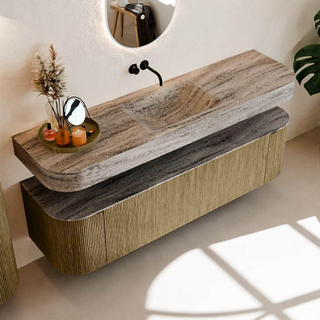 MONDIAZ THOR-DLUX 170cm meuble de salle de bains arrondi gauche + droite couleur Dusk avec 1 tiroir et 2 portes. Vasque suspendue CLOUD Milieu sans trou de robinet couleur Oza.