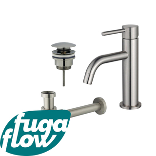 FugaFlow Eccelente Sobrado Slim Slim Kit mitigeur lavabo - robinet bas - bonde clic clac - siphon design bas - PVD Inox brossé