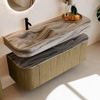 MONDIAZ THOR-DLUX Meuble de salle de bains 130cm arrondi gauche + droite couleur Dusk avec 1 tiroir et 2 portes. Vasque suspendue CLOUD Gauche 1 trou de robinet couleur Sombra.