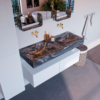 Mondiaz ALAN-DLUX Ensemble de meuble - 120cm - meuble Talc mat - 2 tiroirs - Lavabo Cloud Lava suspendu - vasque Gauche et droite - 0 trous de robinet