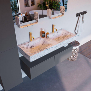Mondiaz ALAN-DLUX Ensemble de meuble - 120cm - meuble Plata mat - 2 tiroirs - Lavabo Cloud Glace suspendu - vasque Gauche et droite - 2 trous de robinet