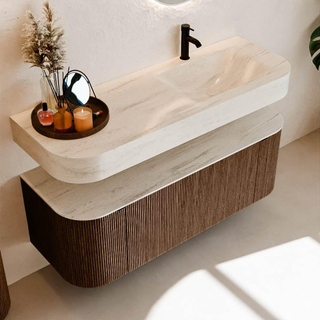 MONDIAZ THOR-DLUX 130cm meuble de salle de bains arrondi gauche + droite couleur Walnut avec 1 tiroir et 2 portes. Vasque suspendue CLOUD droite 1 trou de robinet couleur Meli.