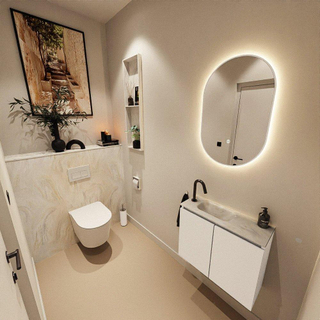 MONDIAZ TURE-DLUX Meuble toilette - 60cm - Talc - EDEN - vasque Ostra - position gauche - 1 trou de robinet