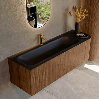 MONDIAZ KURVE 145cm Meuble salle de bain avec module 25 D - couleur Walnut - 1 tiroir - 1 porte - vasque BIG LARGE gauche - 1 trou de robinet - Urban