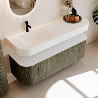 MONDIAZ THOR 140cm meuble de salle de bains arrondi gauche + droite couleur Shadow avec 1 tiroir et 2 portes. Vasque suspendue CLOUD gauche 1 trou de robinet couleur Talc.