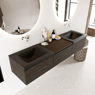 MONDIAZ BUKLA meuble de salle de bain 180 cm avec module 60 couleur Marron Foncé avec 3 tiroirs. Lavabo CLOUD double 0 trou de robinet couleur Urban.