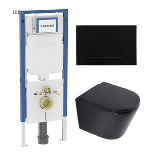 QeramiQ Dely Toiletset - 36.3x51.7cm - diepspoel - rimless - Geberit UP720 inbouwreservoir - softclose toilet zitting 35 mm - metaal mat zwarte bedieningsplaat - rechthoekige knoppen - mat zwart