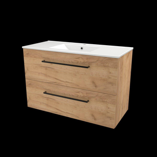 Basic-Line Start 46 ensemble de meubles de salle de bain 100x46cm avec poignées 2 tiroirs lavabo en porcelaine 1 trou pour robinet mfc whisky oak