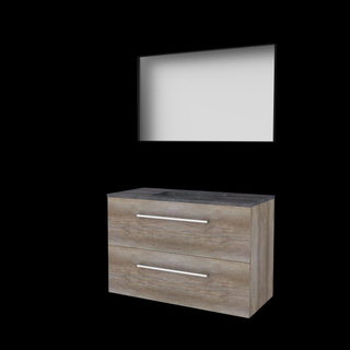Basic-Line ensemble de meubles de salle de bain 46 cm 100x46 cm avec poignées 2 tiroirs lavabo en pierre dure 0 trous de robinetterie miroir cadre aluminium noir mat tout autour mfc scotch oak