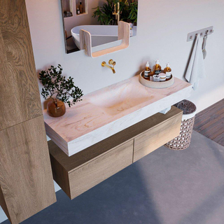 Mondiaz ALAN-DLUX Ensemble de meuble - 130cm - meuble Washed Oak mat - 2 tiroirs - Lavabo Cloud Ostra suspendu - vasque Centre - 0 trous de robinet