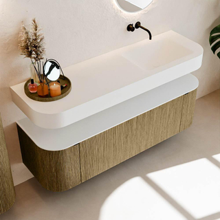 MONDIAZ THOR 150cm badmeubel ronding links + rechts kleur Dusk met 1 lade en 2 deuren. Vrijhangende wastafel CLOUD Rechts zonder kraangat kleur Talc.