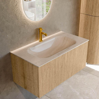 MONDIAZ KURVE-DLUX 90cm badmeubel kleur Oak met 1 lade en 0 deuren. Wastafel BIG SMALL Midden 1 kraangat Meli.