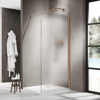 FugaFlow Eccelente Vetro Douche à l'italienne - 90x200cm - paroi en verre arrondie - droite - verre dépoli - bras mural - cuivre brossé (Cuivre)