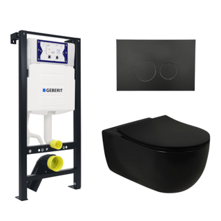 Plieger Kansas Toiletset - UP320 réservoir encastré - wc suspendu - abattant wc mince - softclose - plaque de commande noire mate - boutons ronds - noir mat