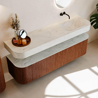 MONDIAZ THOR-DLUX Meuble de salle de bains - 170cm - arrondi gauche + droite - couleur Ruby - 1 tiroir - 2 portes - Vasque suspendue CLOUD Droite sans trou de robinet - couleur Opalo