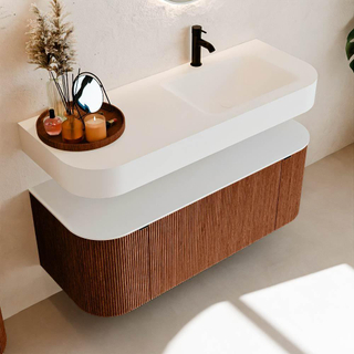 MONDIAZ THOR 120cm meuble de salle de bains arrondi gauche + droite couleur Ruby avec 1 tiroir et 2 portes. Vasque suspendue CLOUD Droite 1 trou de robinet couleur Talc.