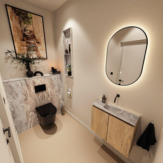 MONDIAZ TURE-DLUX Meuble toilette - 60cm - Washed Oak - EDEN - vasque Glace - position centrale - sans trou de robinet