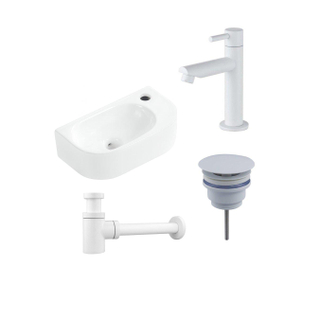 Fugaflow Efficiente Pietra Fonteinset - 40x21.5x12cm - rechts - glad - halfrond - 1 kraangat - keramiek - fonteinkraan wit mat - afvoerplug - verlaagd sifon - wit mat