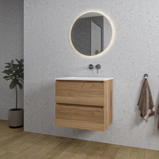 Adema Chaci Ensemble de meuble - 60x46x57cm - 1 vasque en céramique blanche - sans trou de robinet - 2 tiroirs - miroir rond avec éclairage - cannelle