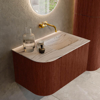 MONDIAZ KURVE-DLUX 75cm badmeubel ronding Links kleur Ruby met 1 lade en 1 deur. Wastafel GRUNNE Rechts zonder kraangat Nata.