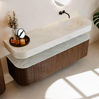 MONDIAZ THOR-DLUX 160cm meuble de salle de bains arrondi gauche + droite couleur Walnut avec 1 tiroir et 2 portes. Vasque suspendue CLOUD droite sans trou de robinet couleur Opalo.