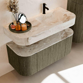 MONDIAZ THOR-DLUX Meuble de salle de bains 110cm arrondi gauche + droite couleur Shadow avec 1 tiroir et 2 portes. Vasque suspendue CLOUD Droite 1 trou de robinet couleur Frappe.