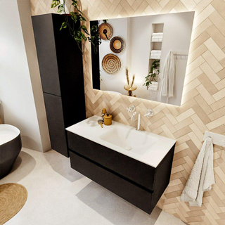 MONDIAZ VICA meuble sous lavabo 100cm Urban 2 tiroirs. Lavabo CLOUD droit 1 trou de robinet, couleur Talc.
