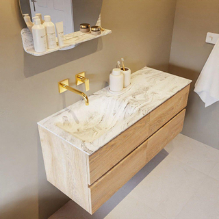 Mondiaz VICA-DLUX ensemble de meuble de salle de bain - 120cm - meuble sous-vasque chêne blanchi - 4 tiroirs - lavabo encastré cloud gauche - sans trous de robinet - version haute de 60cm - glace