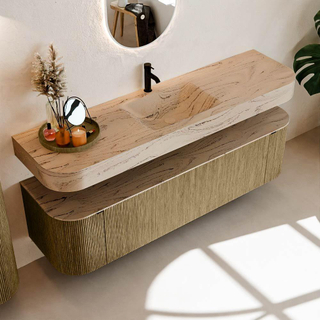 MONDIAZ THOR-DLUX 170cm meuble de salle de bains arrondi gauche + droite couleur Dusk avec 1 tiroir et 2 portes. Vasque suspendue CLOUD Milieu 1 trou de robinet couleur Arena.