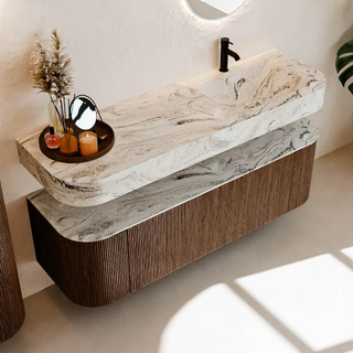 MONDIAZ THOR-DLUX 150cm meuble de salle de bains arrondi gauche + droite couleur Walnut avec 1 tiroir et 2 portes. Vasque suspendue CLOUD Droite 1 trou de robinet couleur Glace.