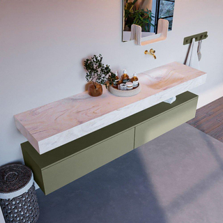Mondiaz ALAN-DLUX Ensemble de meuble - 200cm - meuble - Army mat - 2 tiroirs - Lavabo Cloud Ostra suspendu - vasque droite - 0 trous de robinet - Beige