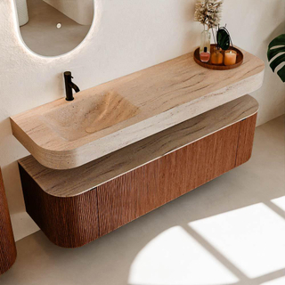 MONDIAZ THOR-DLUX 160cm meuble de salle de bains arrondi gauche + droite couleur Ruby avec 1 tiroir et 2 portes. Vasque suspendue CLOUD Gauche 1 trou de robinet couleur Saba.