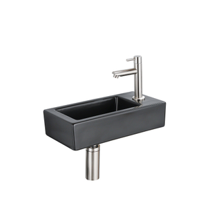 QeramiQ Fuente Fonteinset - 37.5x18.5x9cm - keramiek - kraangat rechts - fonteinkraan geborsteld RVS - afvoerplug - verlaagd sifon - Mat Zwart