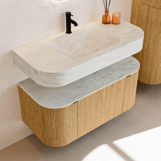 MONDIAZ THOR-DLUX 100cm badmeubel ronding links + rechts kleur Oak met 1 lade en 2 deuren. Vrijhangende wastafel CLOUD Midden 1 kraangat kleur Opalo.