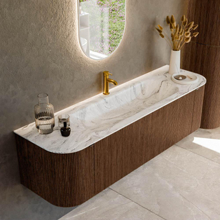 MONDIAZ KURVE-DLUX 160cm Meuble salle de bain avec module 25 G et D - couleur Walnut - 1 tiroir - 2 portes - vasque BIG MEDIUM centre - 1 trou de robinet - couleur Glace