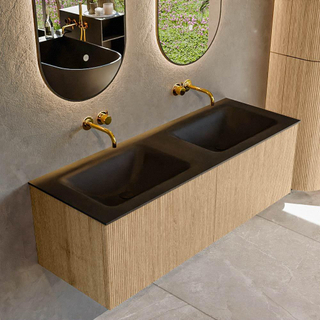 MONDIAZ KURVE 130cm Meuble salle de bain - couleur Oak - 2 tiroirs - vasque CLOUD double - sans trous de robinet - Urban