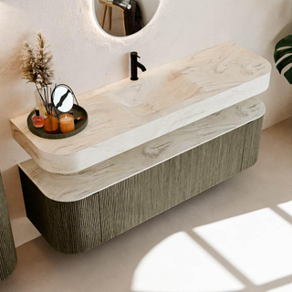 MONDIAZ THOR-DLUX 160cm meuble de salle de bains arrondi gauche + droite couleur Shadow avec 1 tiroir et 2 portes. Vasque suspendue CLOUD Milieu 1 trou de robinet couleur Ostra.