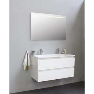 Basic Bella Meuble salle de bains avec lavabo acrylique avec miroir et éclairage Blanc 100x55x46cm 2 trous de robinet Blanc brillant