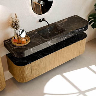 MONDIAZ THOR-DLUX Meuble de salle de bains - 170cm - arrondi gauche + droite - couleur Oak - 1 tiroir - 2 portes - Vasque suspendue CLOUD Milieu sans trou de robinet - couleur Lava