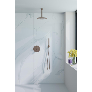 FugaFlow Eccelente Acces inbouw Regendoucheset - rond - thermostatisch - plafondarm - 25cm hoofddouche - staaf handdouche - gladde slang - Geborsteld koper PVD