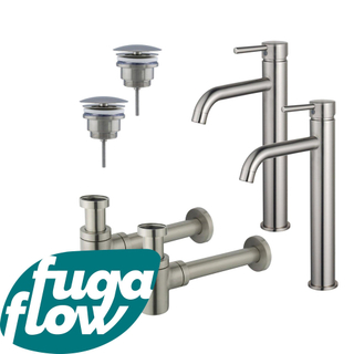 FugaFlow Eccelente Sobrado Badkamer Wastafelkraanset - voor dubbele wastafel - verhoogde wastafelkraan - always open plug - verlaagde design sifon - PVD Geborsteld RVS