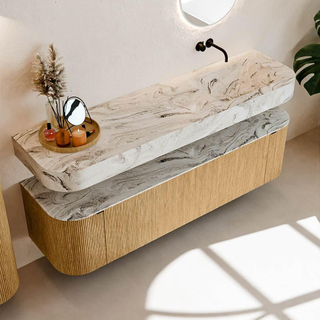 MONDIAZ THOR-DLUX 170cm badmeubel ronding links + rechts kleur Oak met 1 lade en 2 deuren. Vrijhangende wastafel CLOUD Rechts zonder kraangat kleur Glace.