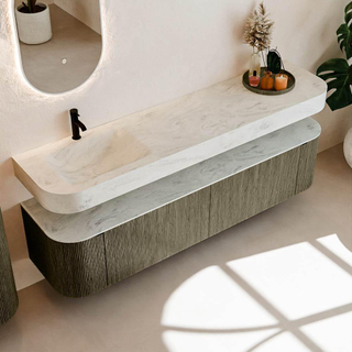 MONDIAZ THOR-DLUX 190cm meuble de salle de bains arrondi gauche + droite couleur Shadow avec 2 tiroirs et 2 portes. Vasque suspendue CLOUD Gauche 1 trou de robinet couleur Opalo.