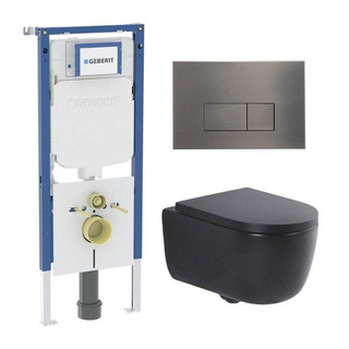 QeramiQ Dely Swirl Pack WC - 36,3x51,7cm - réservoir encastré Geberit UP720 Duofix Sigma - assise 35mm - plaque de commande gunmetal - boutons rectangulaires - noir mat