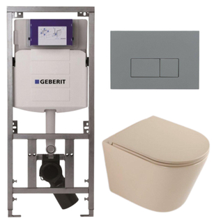 QeramiQ Dely Pack WC - 36,3x51,7cm - à fond creux - sans bride - réservoir encastré Geberit UP320 - abattant WC à fermeture douce - plaque de déclenchement gris clair - boutons rectangulaires - mat beige