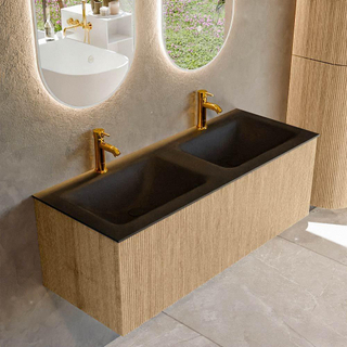 MONDIAZ KURVE 120cm Meuble salle de bain - couleur Oak - 1 tiroir - vasque CLOUD double - 2 trous de robinet - Urban