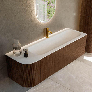 MONDIAZ KURVE 145cm Meuble salle de bain avec module 25 G - couleur Walnut - 1 tiroir - 1 porte - vasque BIG LARGE droite - 1 trou de robinet - Talc